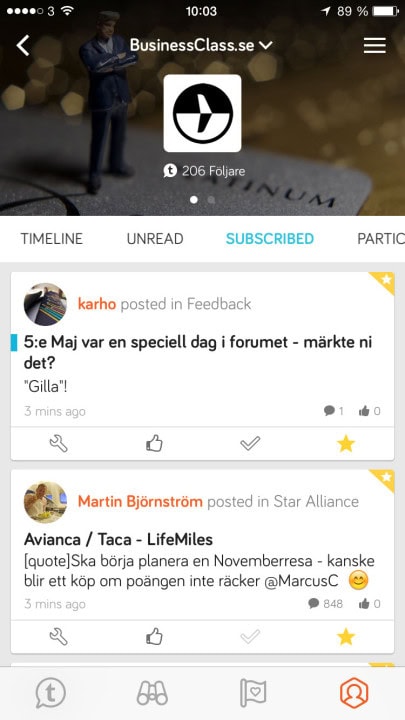 Tapatalk - BusinessClass serverat i en mobilapp