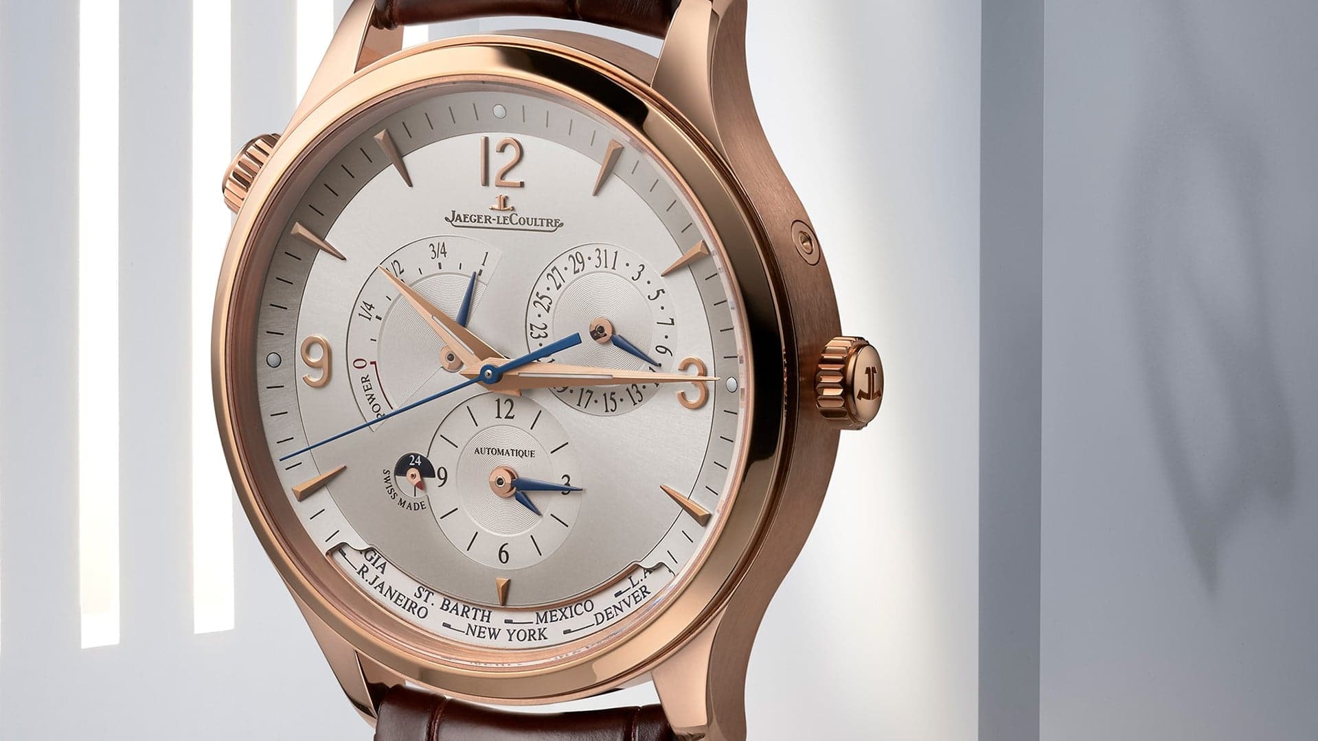 A Jaeger-LeCoultre Master Control Geographic in pink gold design.