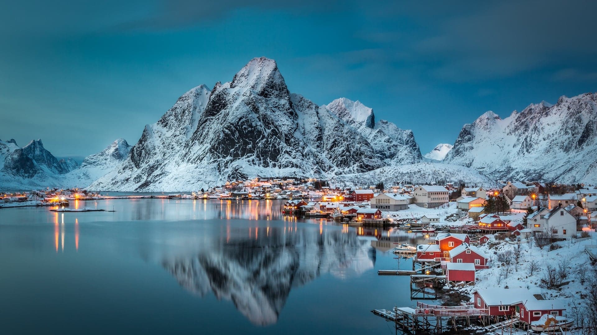 Bird perspective of the river, mountains and cozy village of Nittedal, Norway