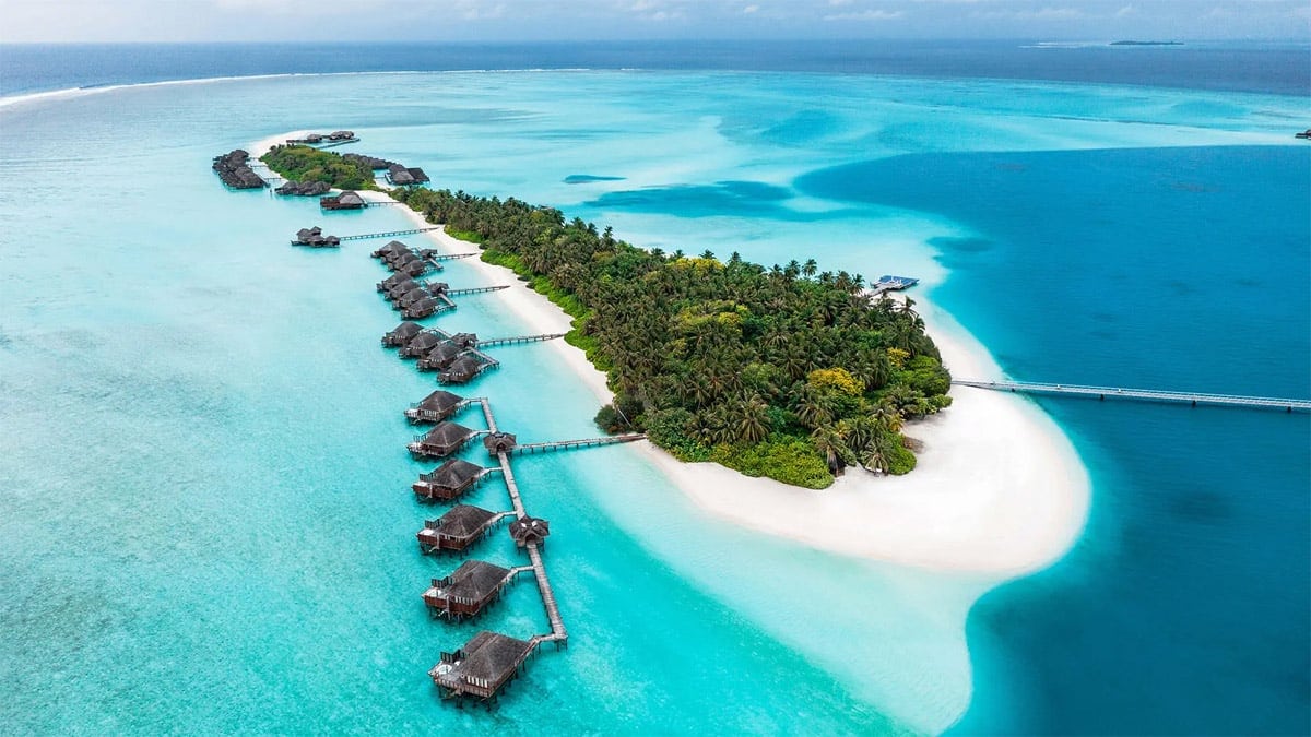 Bird view of Conrad Maldives Rangali Island.
