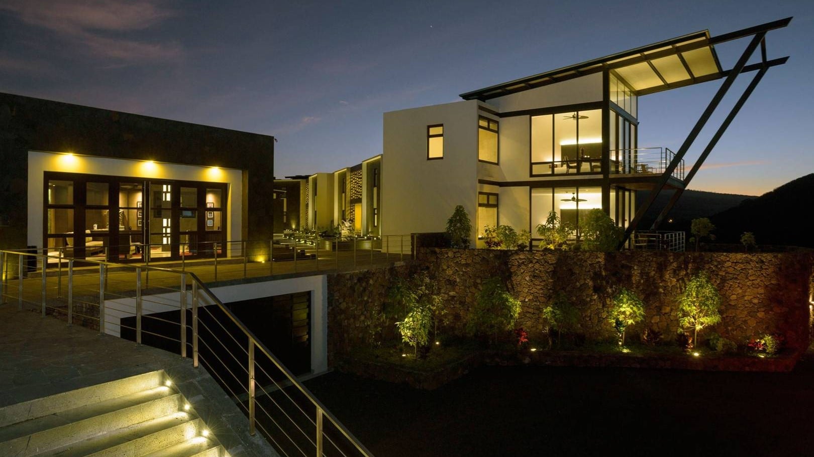 Outside view of Pikaia Lodge durning night time