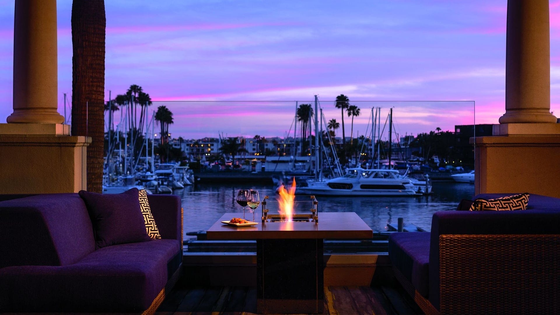 The Ritz Carlton Marina del Rey with purple couches and view to the water