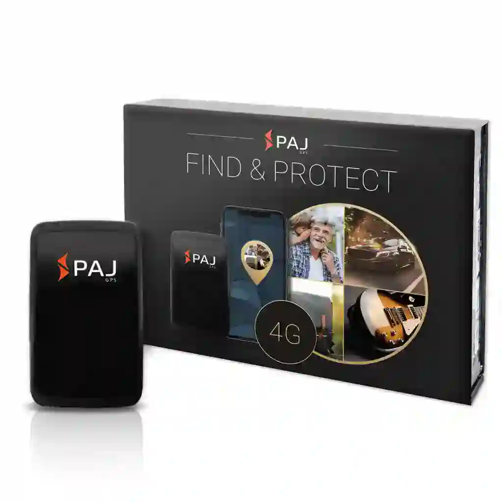 Black package box with the black device and text saying FINF Å PROTECT