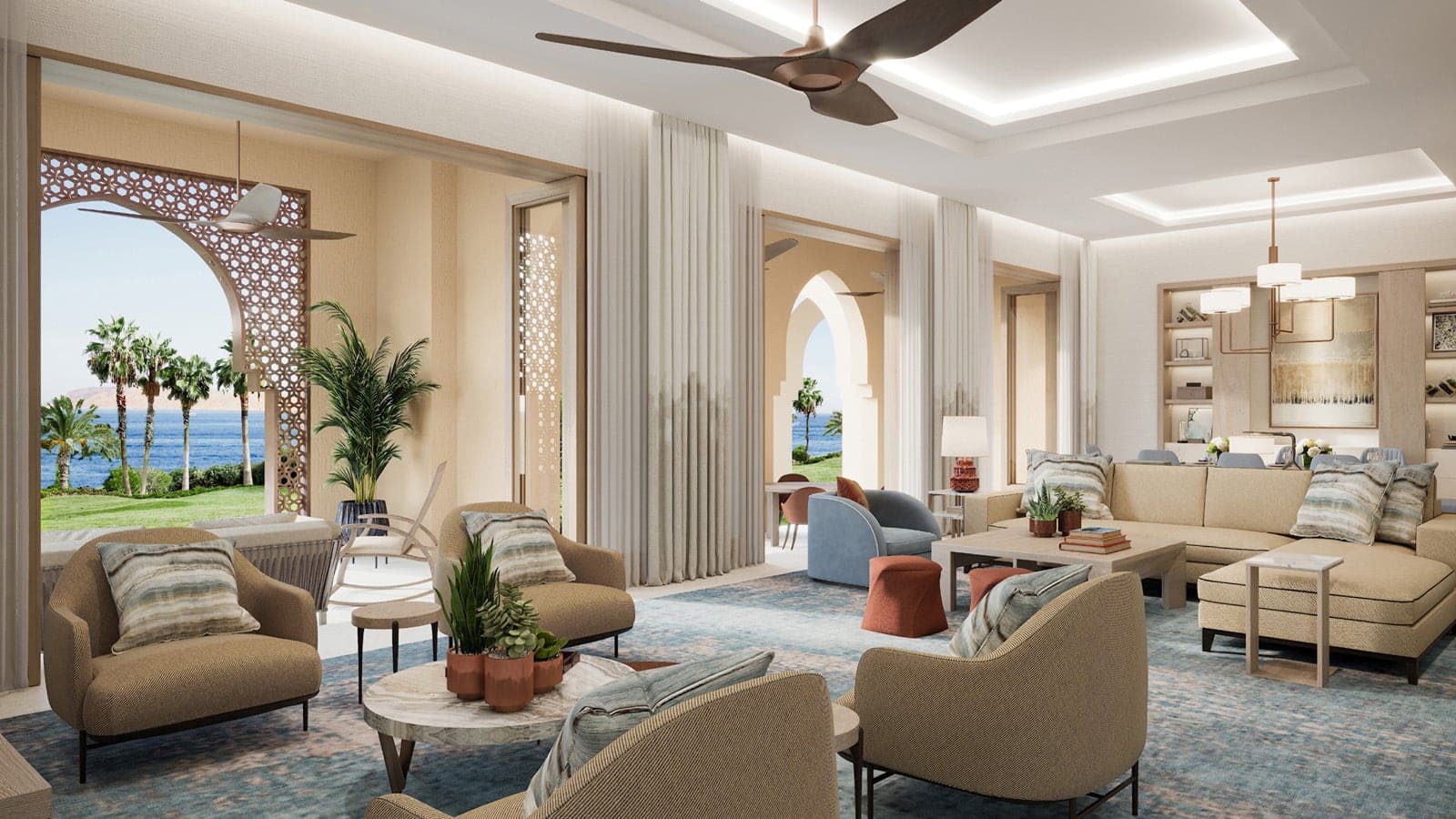Suite at the future Four Seasons Hotel Luxor offering a comfortable Egyptian style, with dining, large living space and view of the Nile river. Set to open in 2025