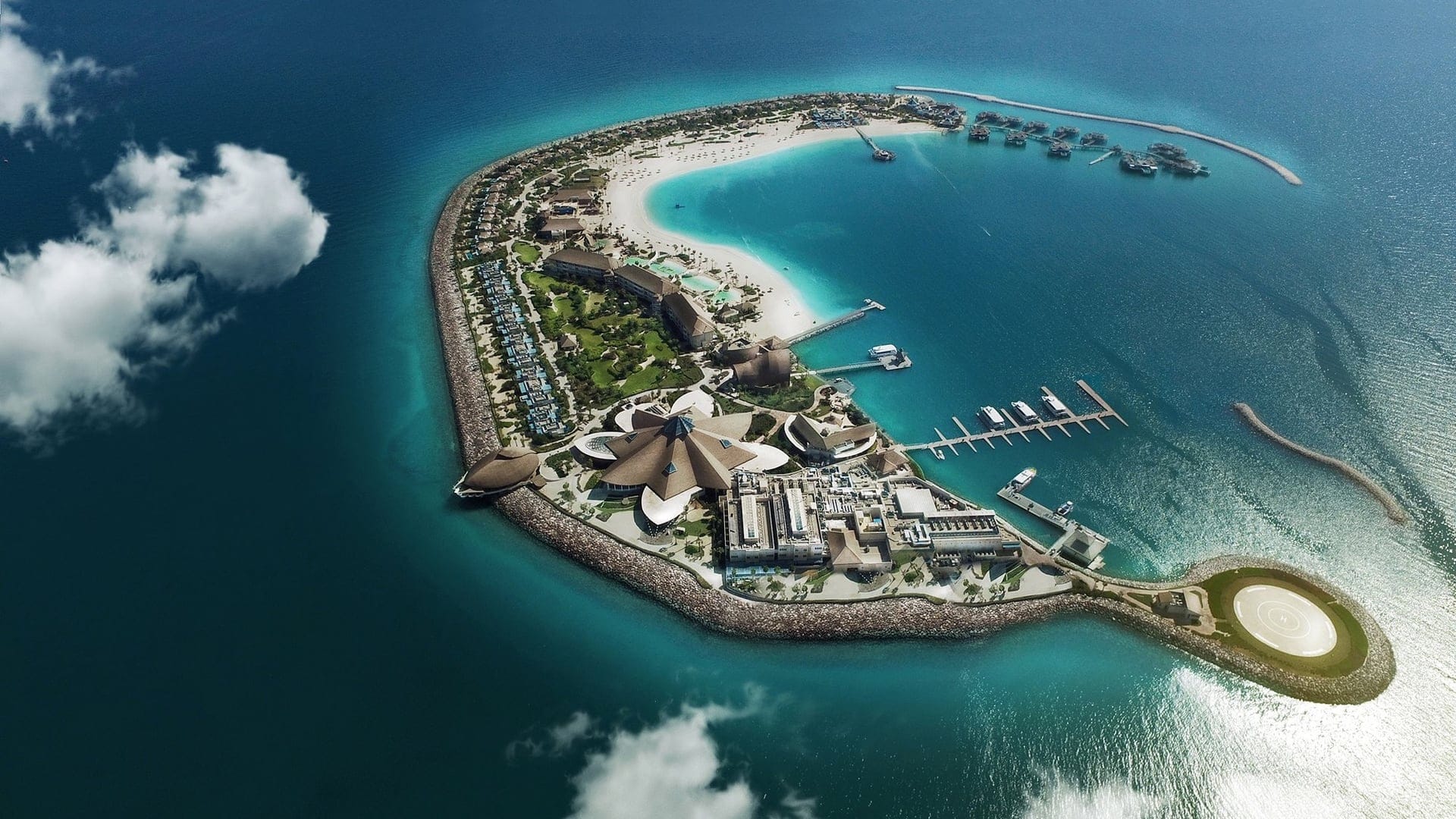 Birds eye view of The Banana Island Resort Doha, a large island with 141 rooms and suites.