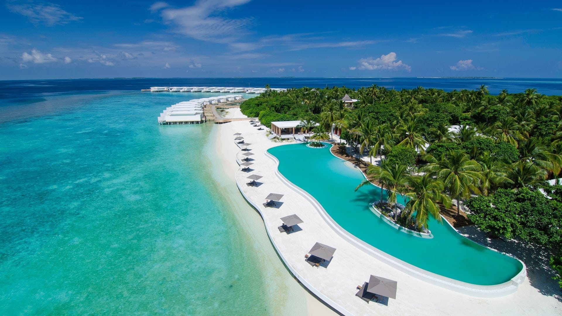 Bird view of Amilla Maldives Resort å Residences with pool area and a lot of trees.
