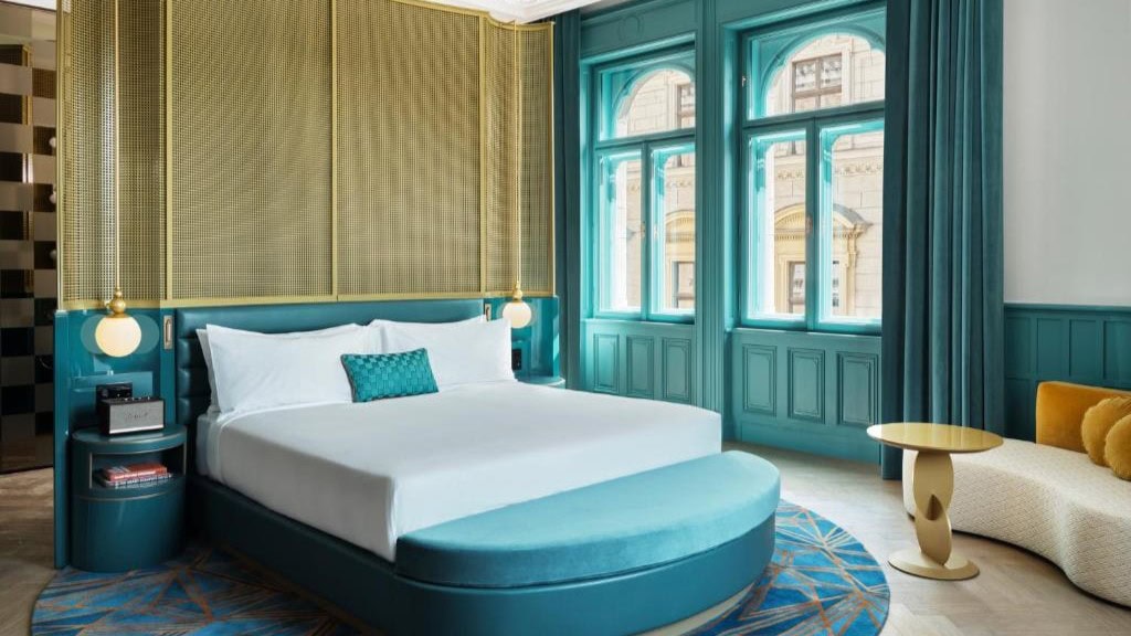 Blue decor hotel room at W Budapest.