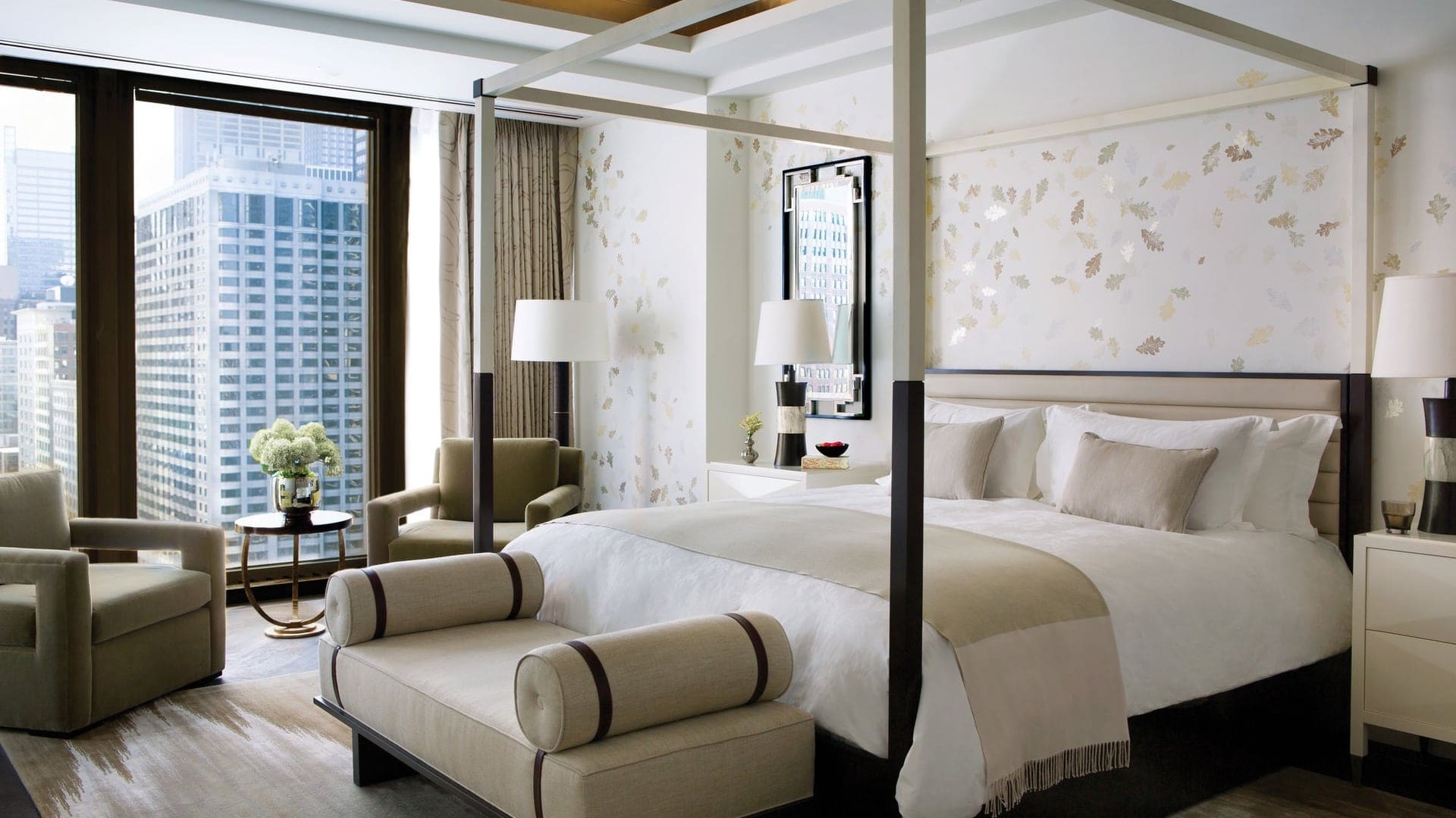 Hotel room at Langham with white interior and large windows in Chicago