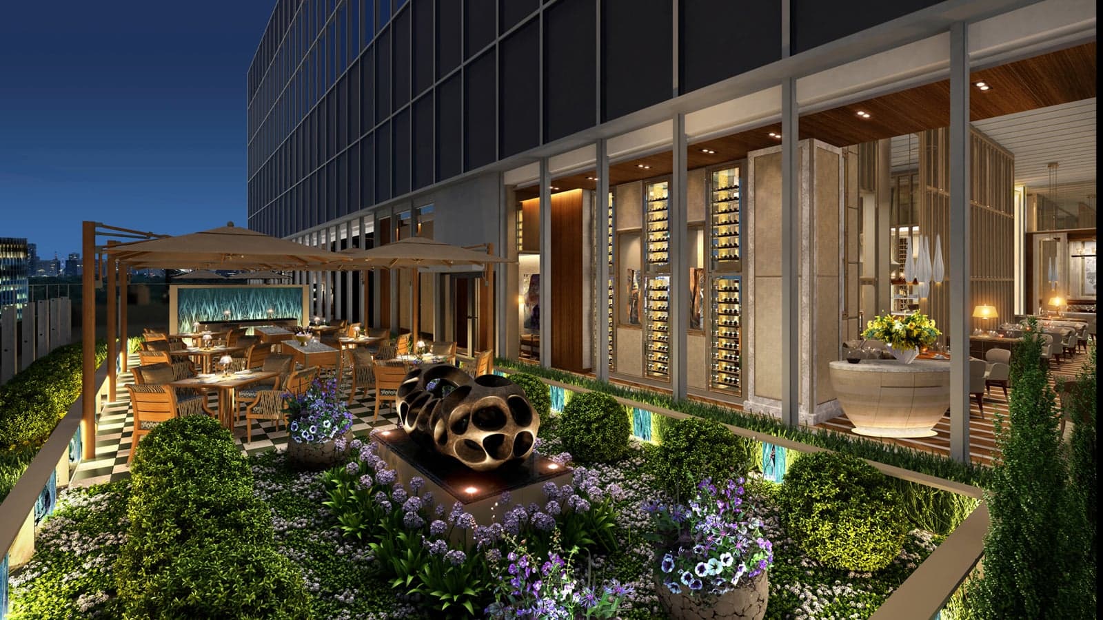 Outdoor area, beautiful garden, garden sculptures in form of two stone looking balls with holes and dining area with shelter roof and beige wood design at Four Seasons Hotel Tokyo