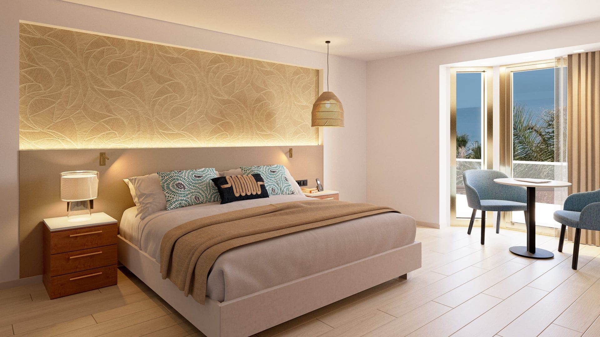 Hotel room with pale colours and a kingsize bed at Hotel Sir Anthony in Tenerife