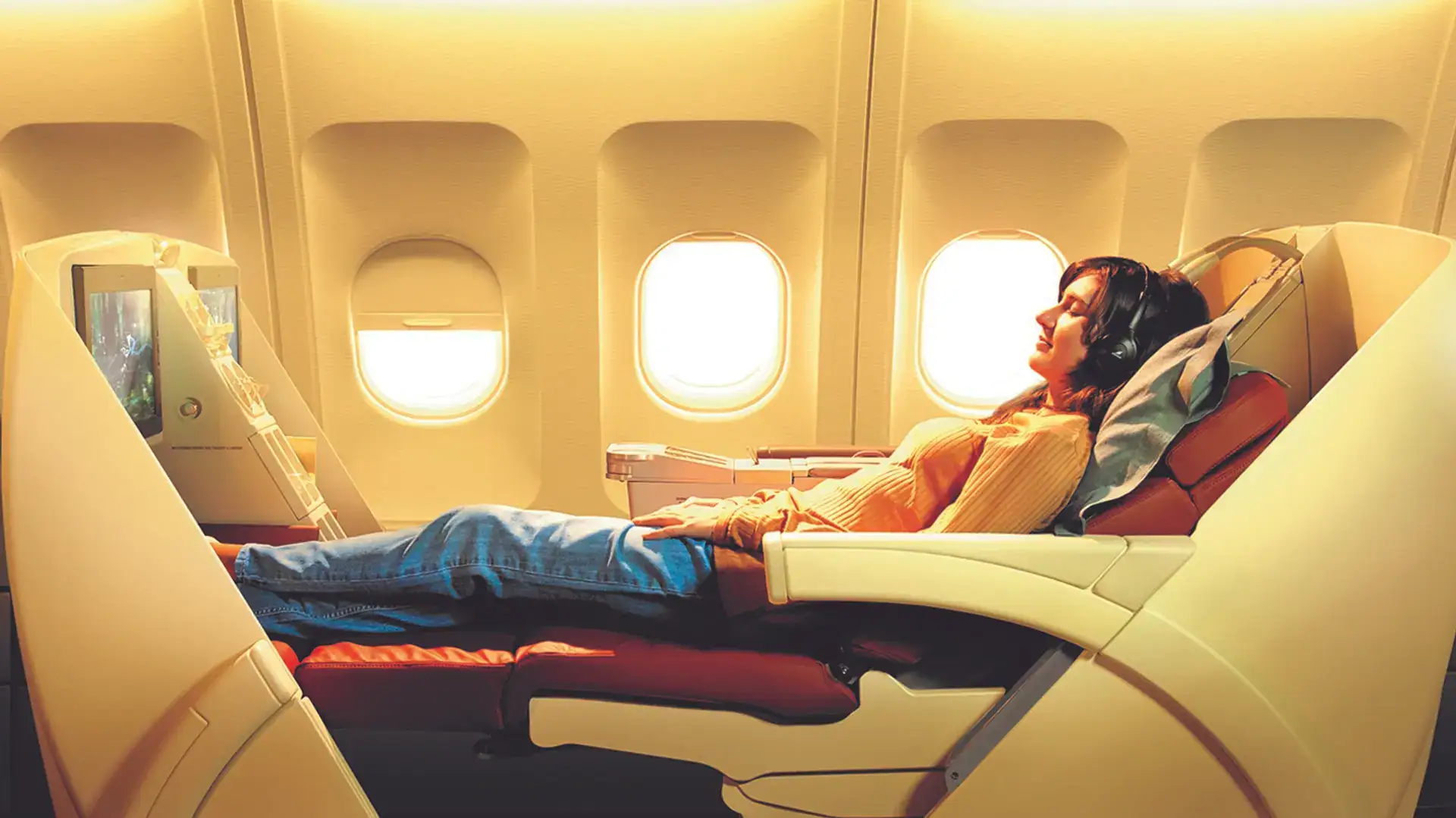 a woman sleeping in the SriLankan Airlines business class seat