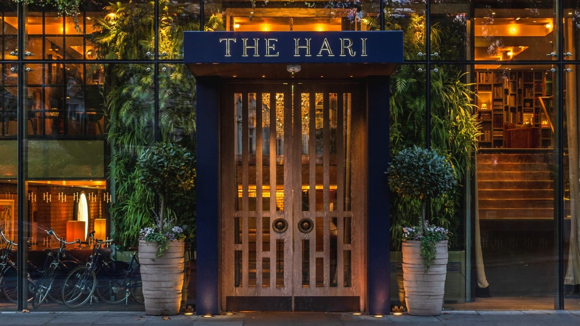 Front entrance of the hari london with a large wooden door and two plants on each side.