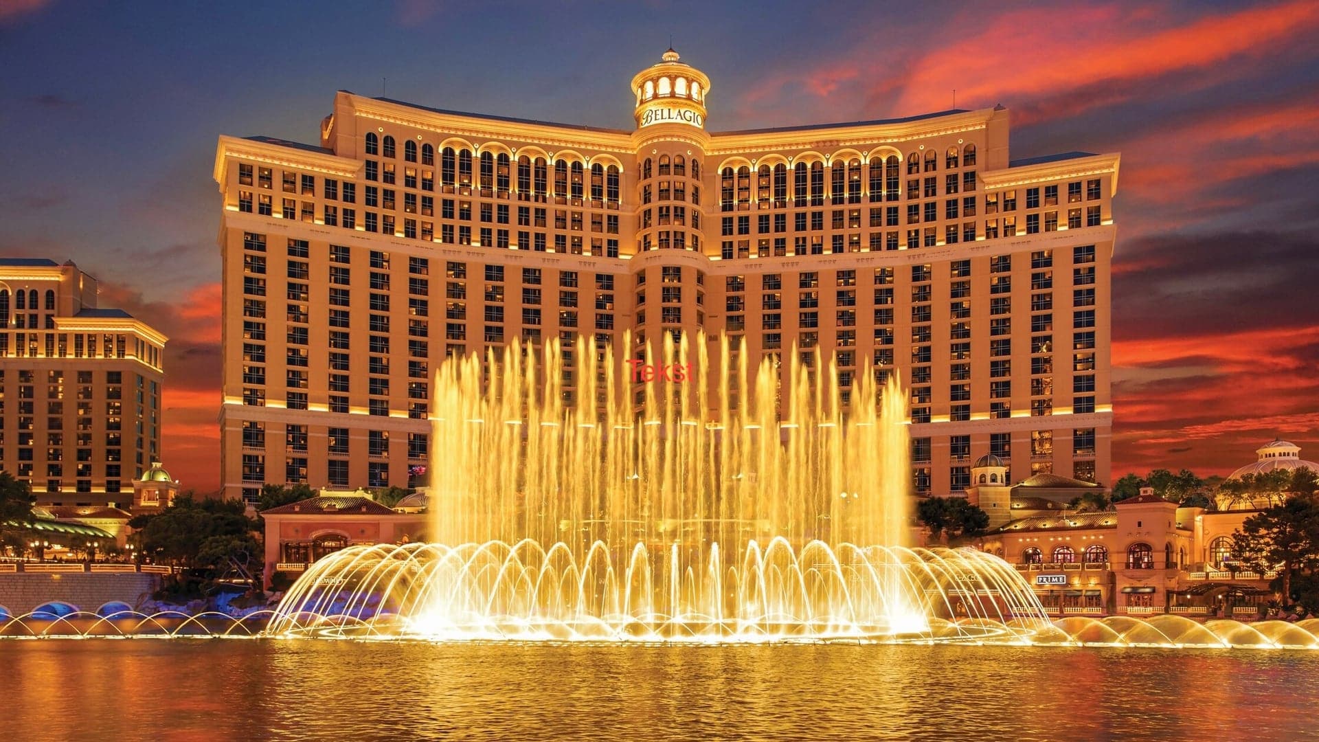 View of the Bellagio Hotel and Casino in Las Vegas with a massive fountain