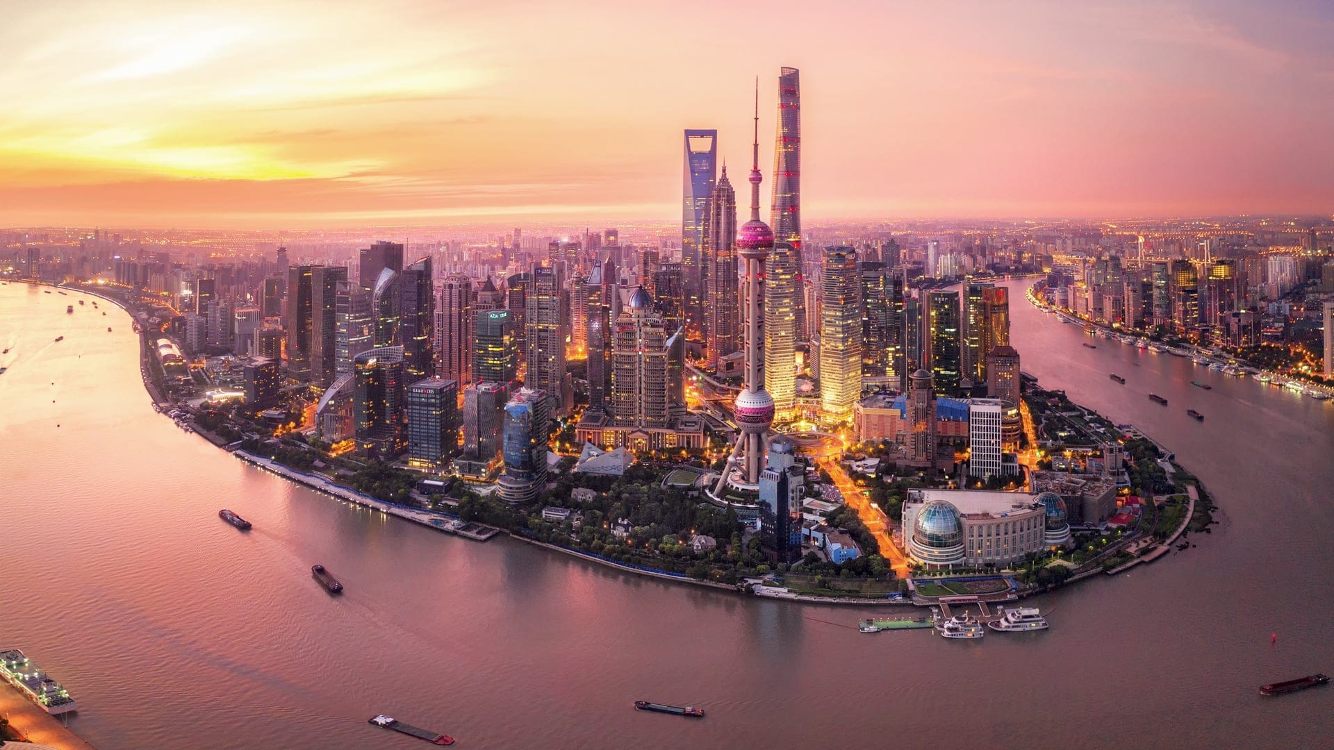 Bird view of Shanghai, Pudong side at evening time