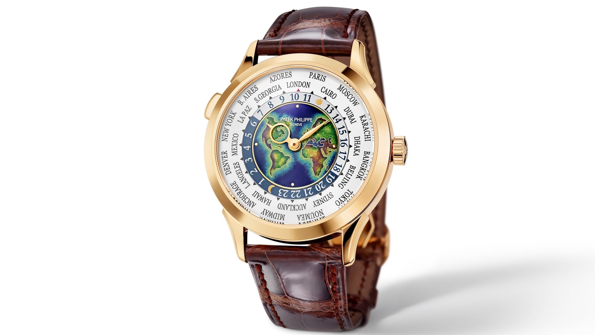 The Patek Phillipe World Time Watch with leather strap, golden case, the earth in the center and golden hands