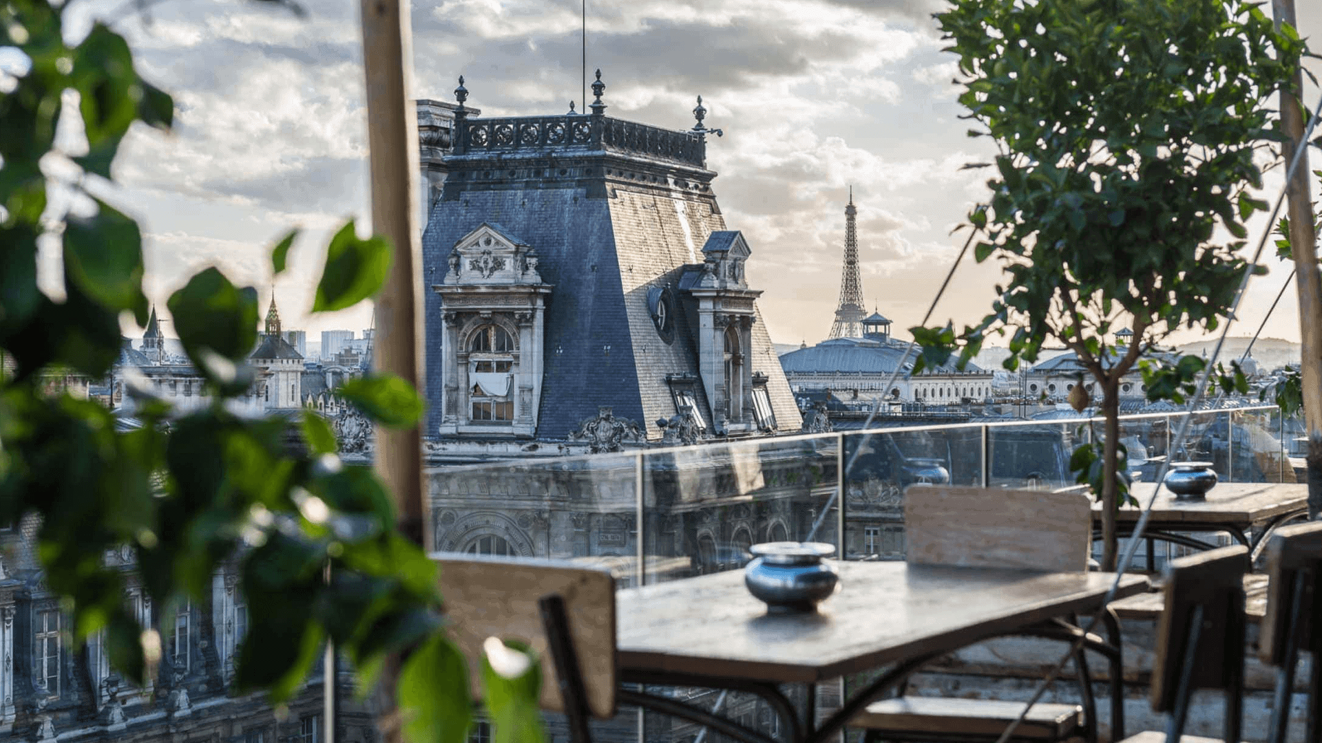 Wooden furniture, plants, glass, and view of Paris.