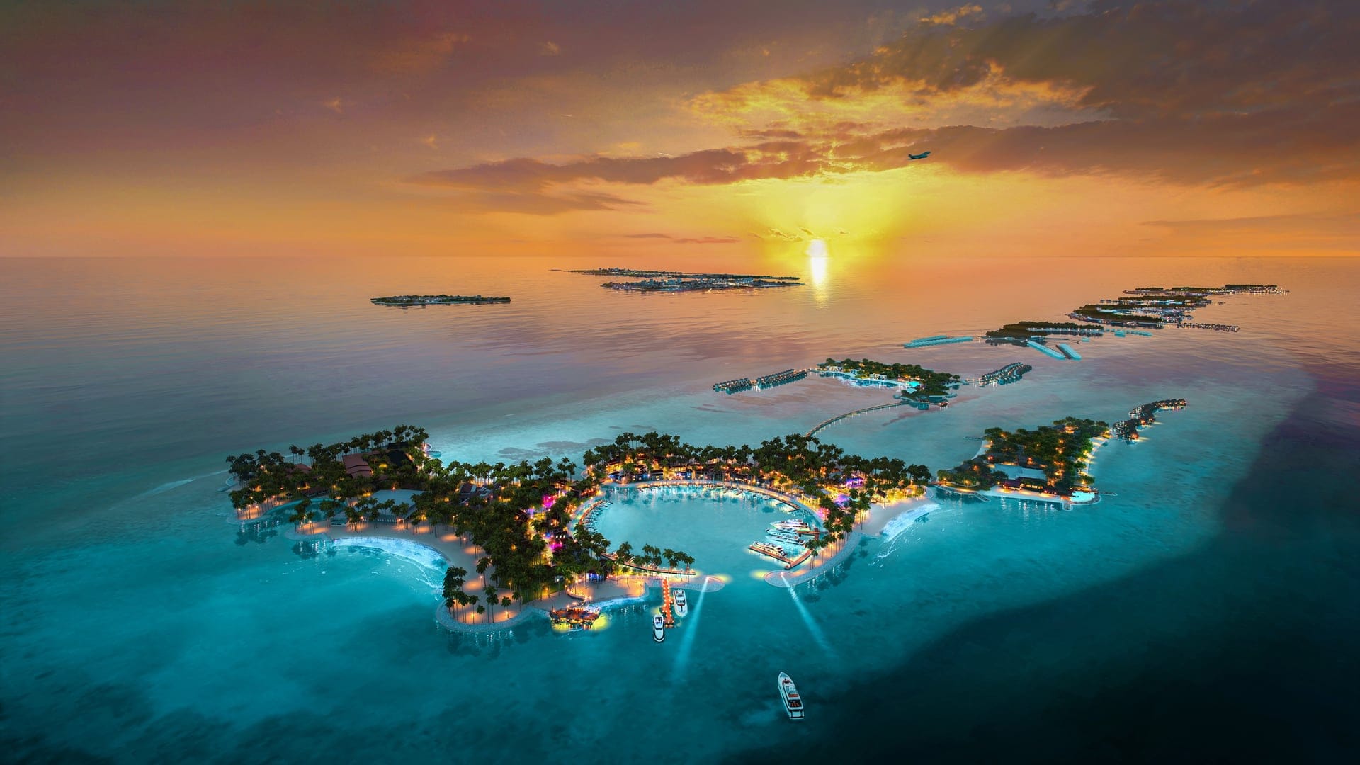 overwater bungalows shinning at night time
