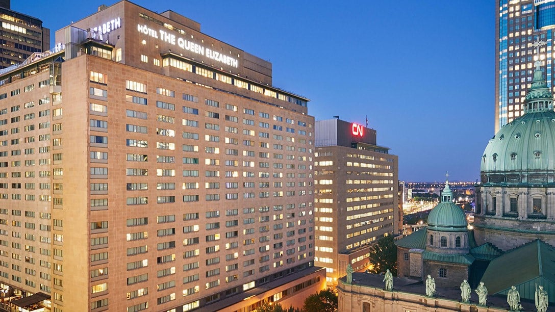 Outside the Fairmont The Queen Elizabeth at evening time