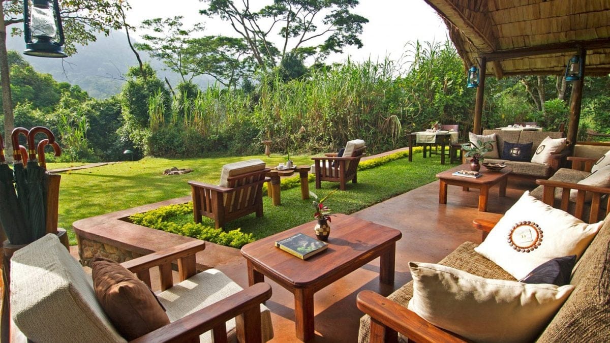 Garden view with wooden sofas and chairs