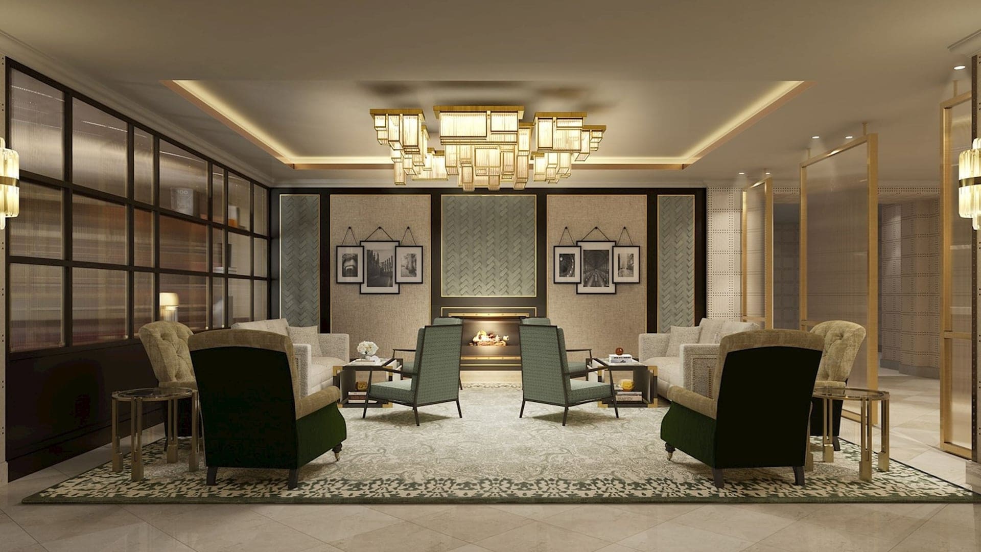 A seating area in the langham with a fireplace and three paintings on each side. With two sofas and chairs.