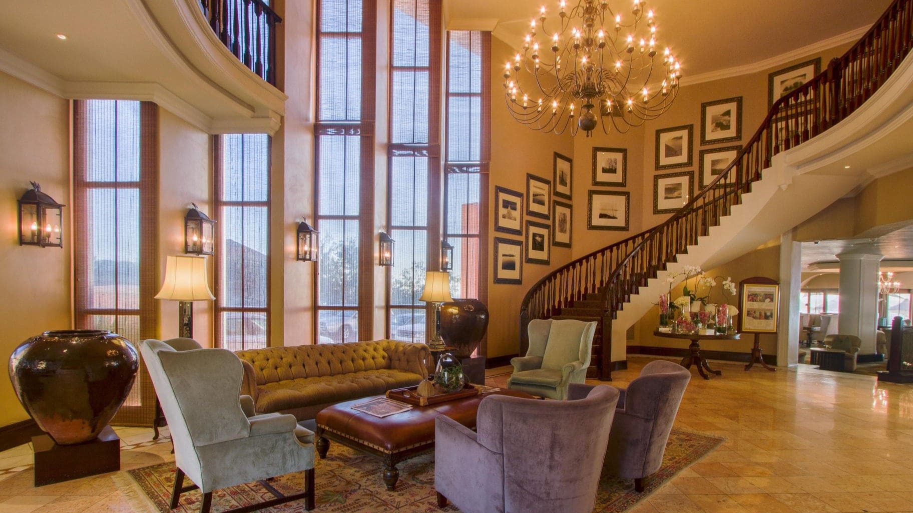 The lounge at The Beverly Hills Hotel with staircase upstairs