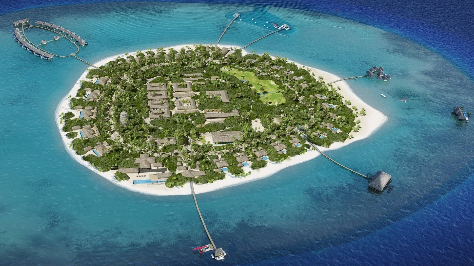 Bird view of Velaa Private Island, large round island with nature and 6 cabin suites extensions from the island.