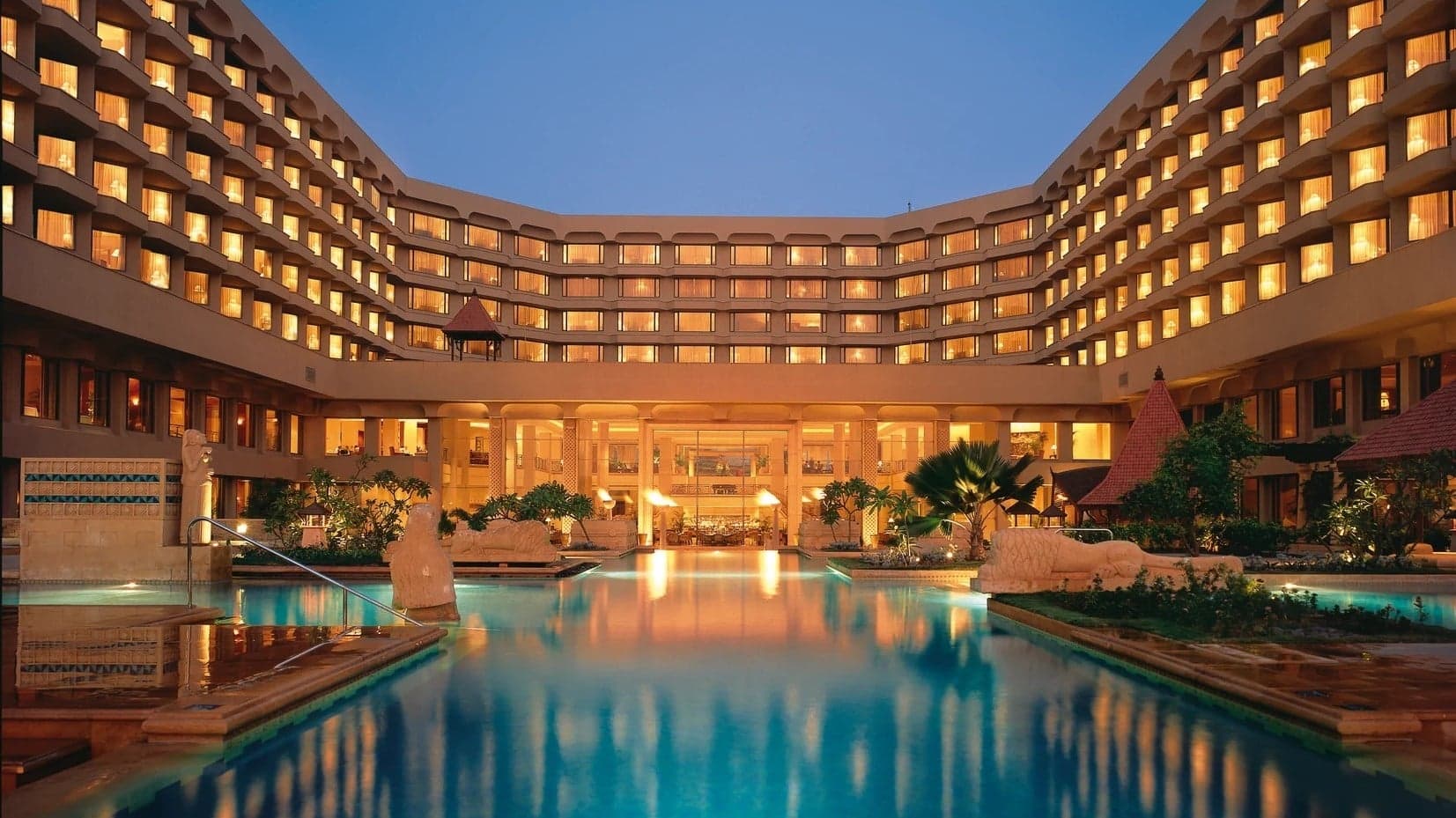 View of the pool and entrance of the JW Marriot Mumbai Juhu