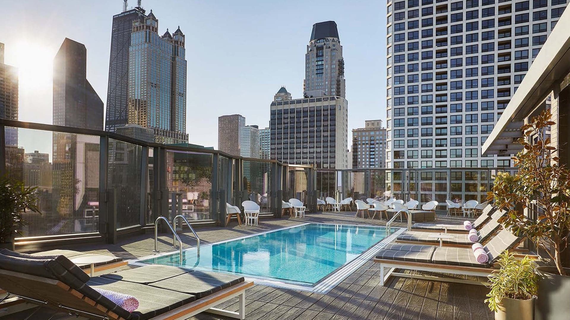 Rooftop pool with view of Chicago at Viceroy Hotel
