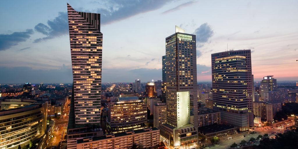 In Poland stands the InterContinental Warsaw hotel at a whopping 164 meters, with a box looking sylinder form