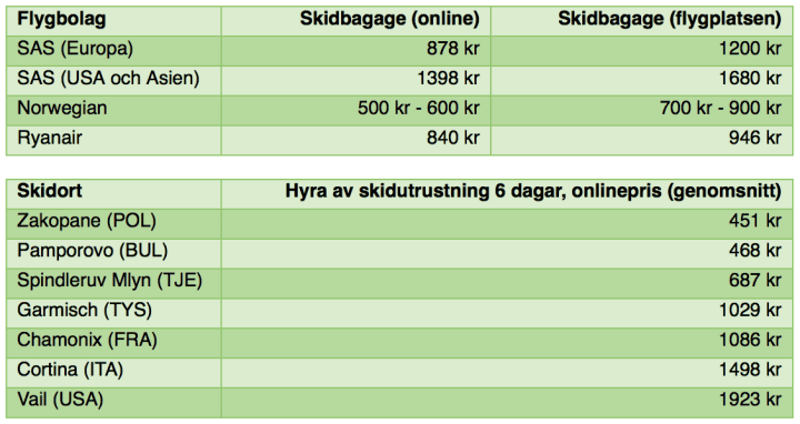 Dyrt med skidor på flyget