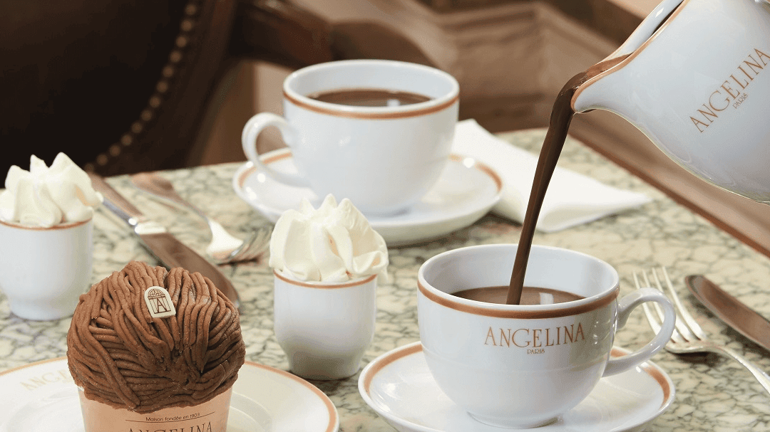 Choccolate milk being served at Angelina Paris