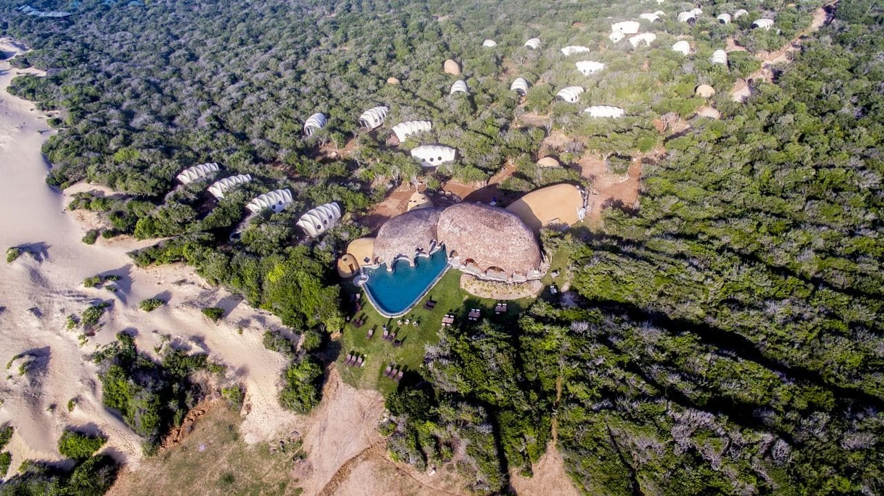 Bird view of Wild Coast Tented Lodge with nature and camp facilities