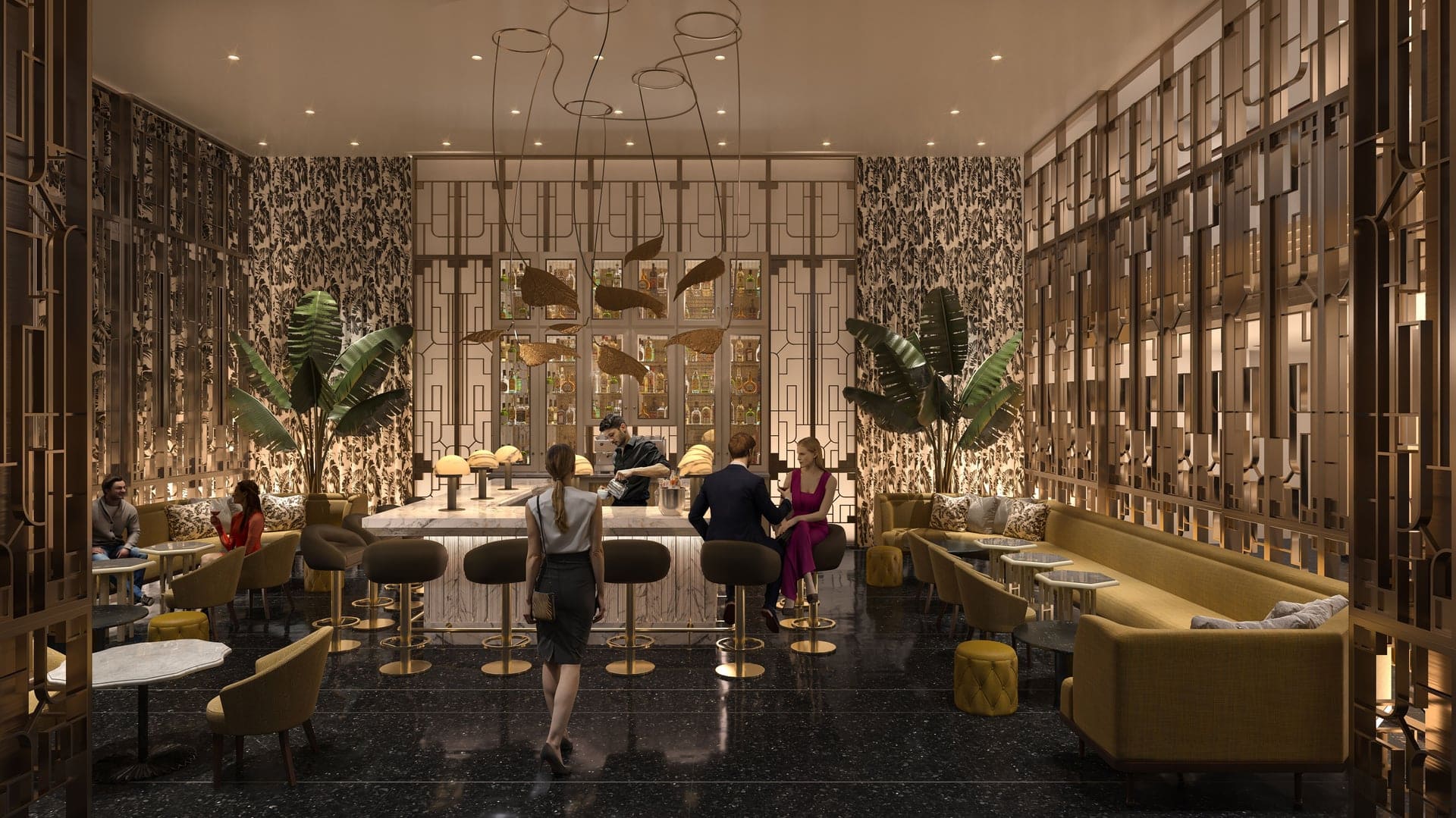 Elegant and flashy bar with gold and black interior at the iconic Ritz-Carlton - South Beach