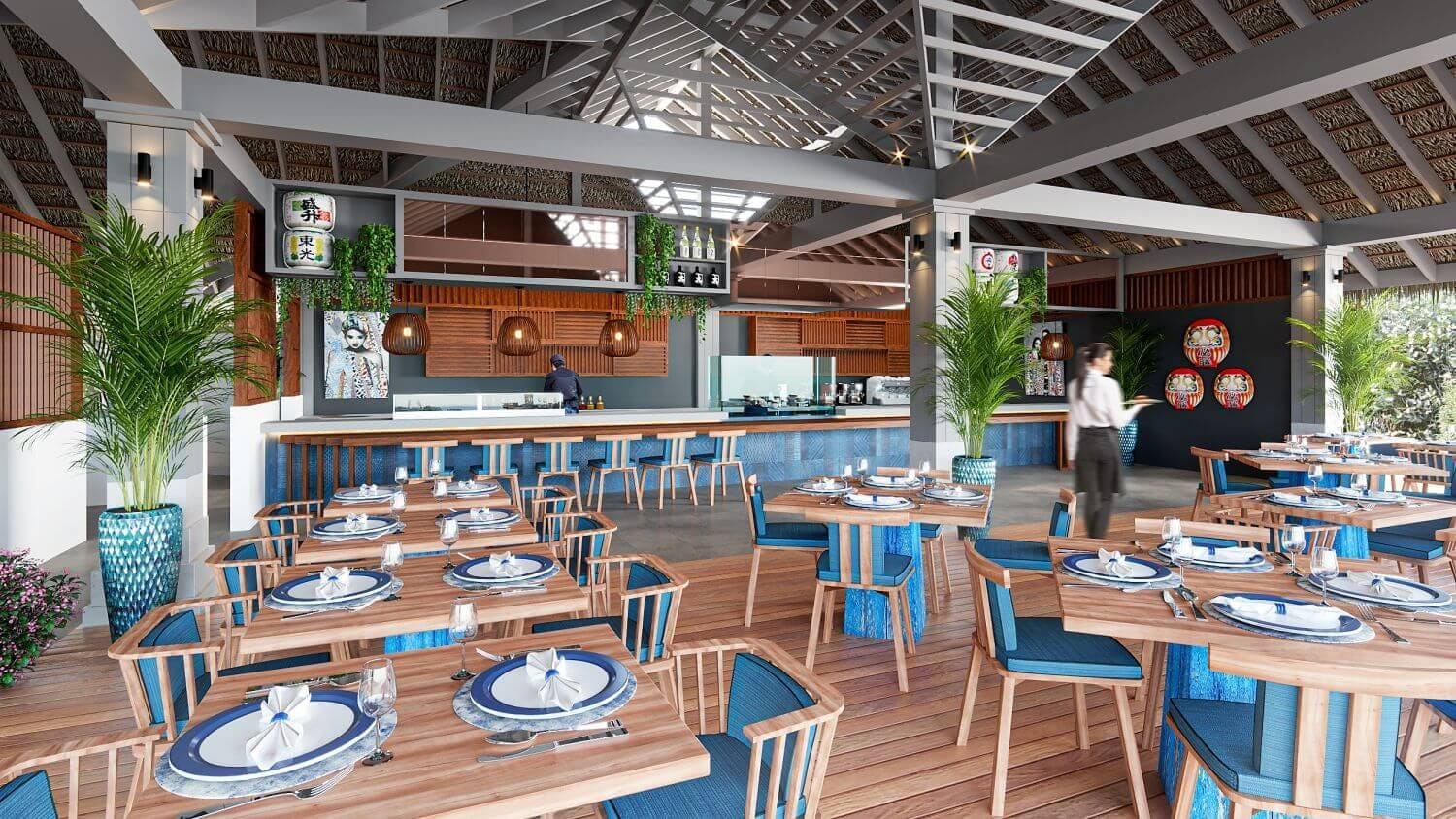 Lunch area in wooden decor at Cora Cora Maldives.